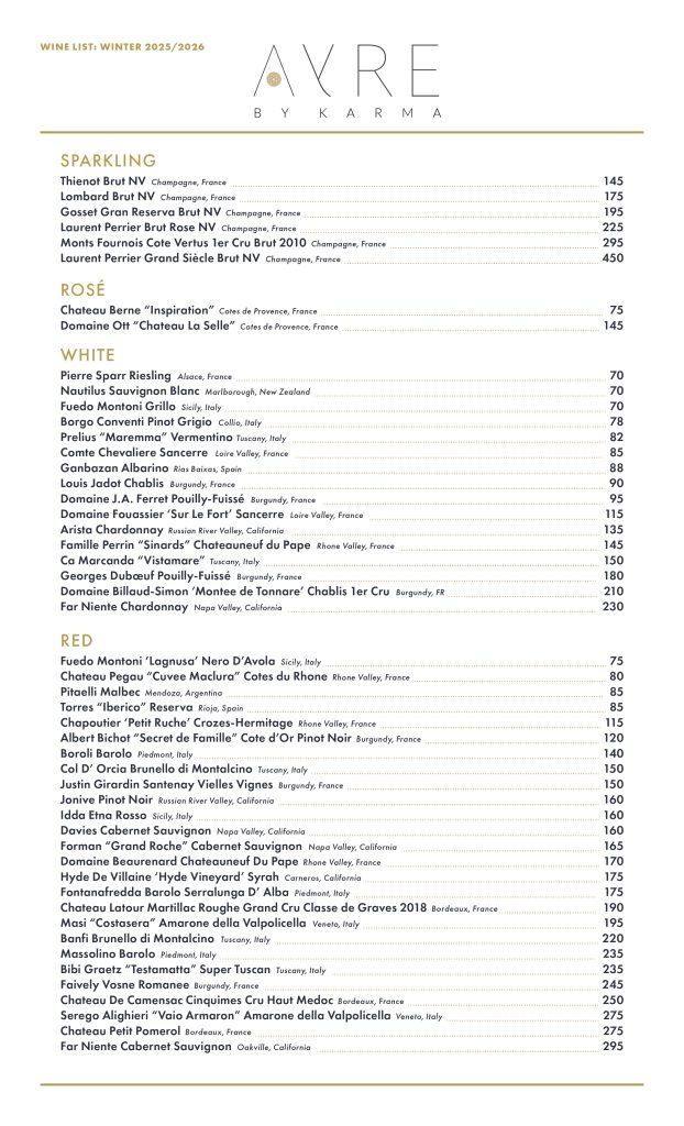 Reserve Wine List at AYRE by Karma